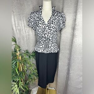 WHBM Printed V-Neck Combo Peplum Midi Dress White & Black Sz 8